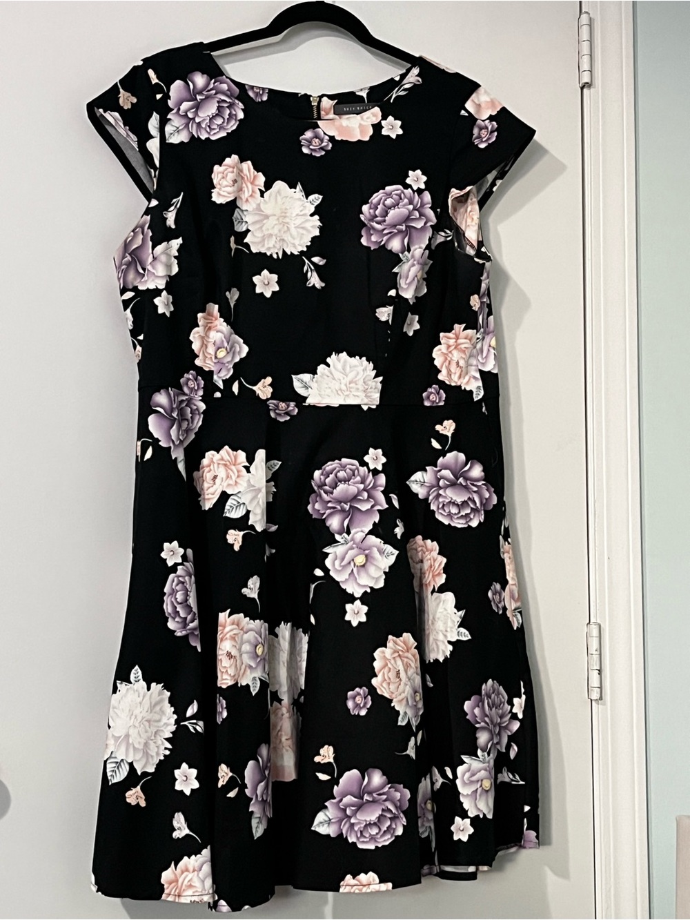 Suzy Shier Black Floral Fit & Flare Dress with Pink and Lavender Blooms